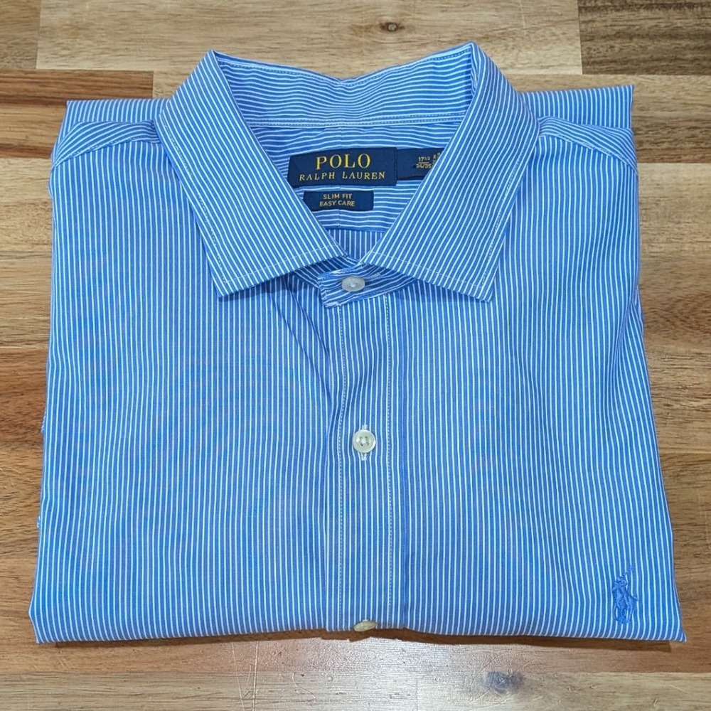Polo Ralph Lauren Mens 17.5 34/35 Blue Stripe Slim Fit Easy Care Dress Shirt